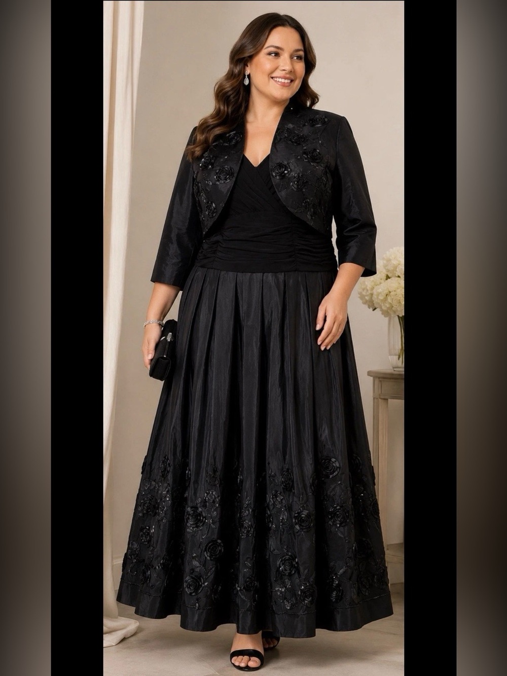 IGNITE EVENINGS 2 PC Set Black Sequin Rosette Gown + Bolero Jacket 18W Formal